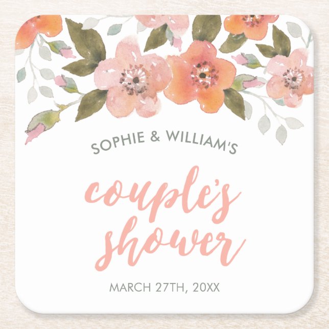Peach Delicate Floral Couple's Dusche Rechteckiger Pappuntersetzer (Vorderseite)