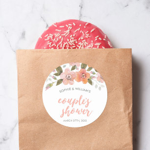 Peach Delicate Floral Couple's Dusche Runder Aufkleber