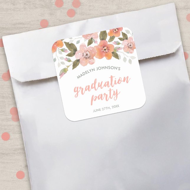 Peach Delicate Floral Graduation Party Quadratischer Aufkleber (Von Creator hochgeladen)