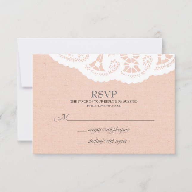 Peach Doily Wedding RSVP Karte (Vorderseite)