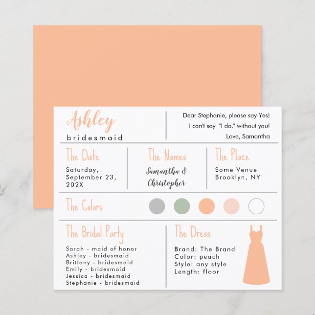 Peach Dress Color Bridesmaid Informationskarte (Vorne/Hinten)