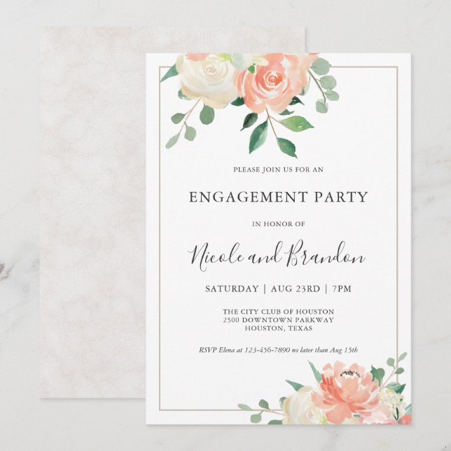 Peach Elegancolor Floral Engagement Party Einladung (Vorne/Hinten)