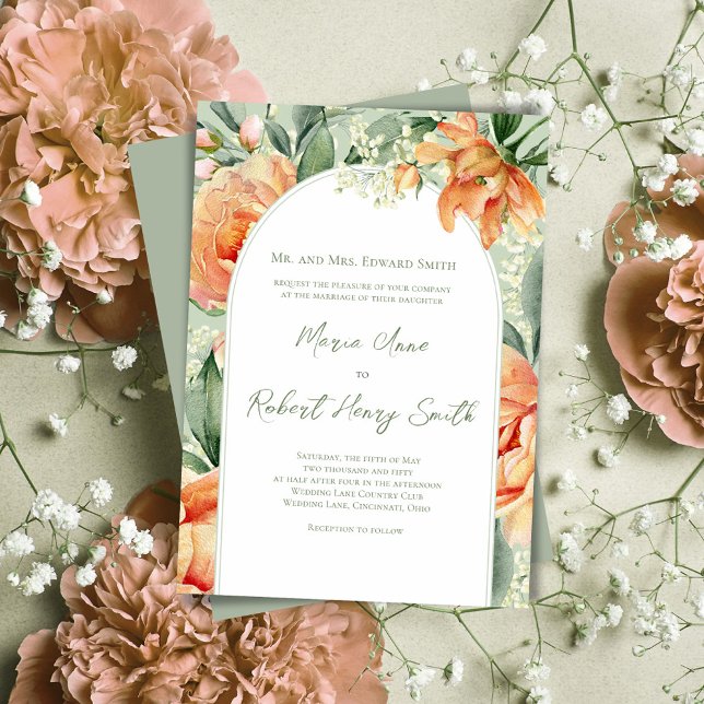 Peach Elegant Blumenbogen Custom Wedding Einladung (Wedding beautiful peach floral invitations.)