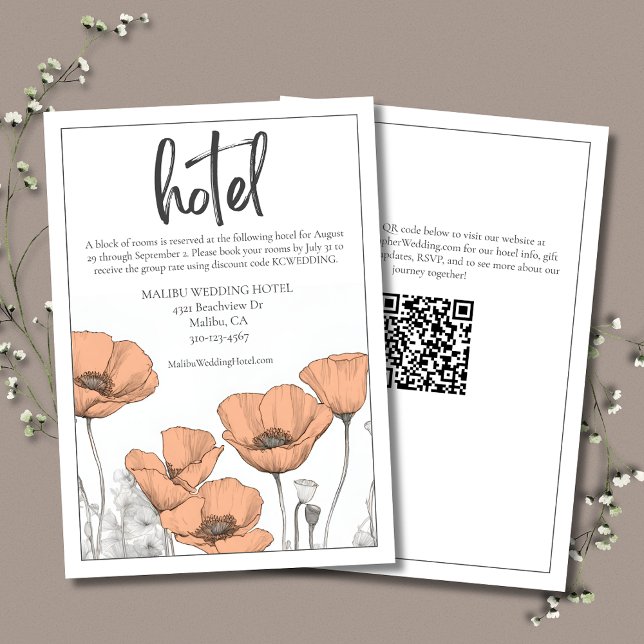 Peach Elegant Floral Poppies Wedding Hotel Begleitkarte (Peach Floral Wedding Hotel Enclosure Card with California Poppies, Modern Typography, and QR Code.)