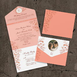 Peach Elegant Monogram Wedding All In One Einladung