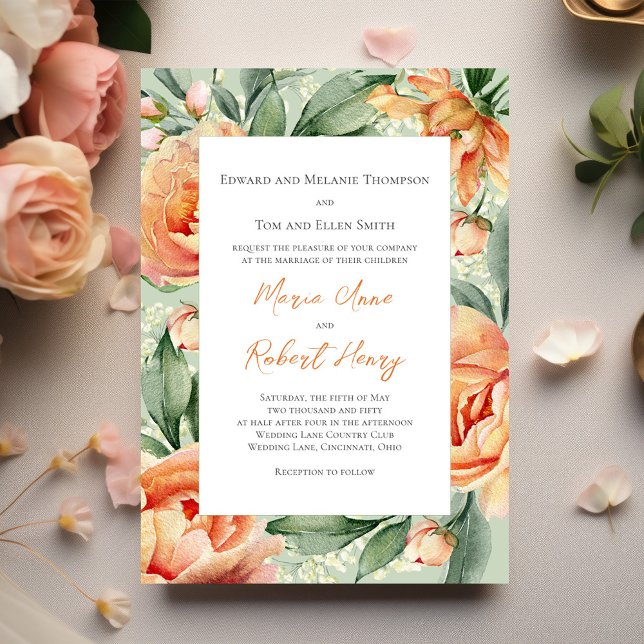Peach Elegante Watercolor Floral Wedding Einladung (Elegant peach floral wedding save the date photo card)
