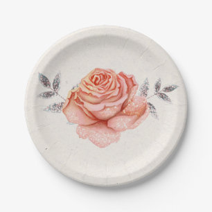 Peach Fairy Tale Glitzer Rose Blätter Brautparty Pappteller