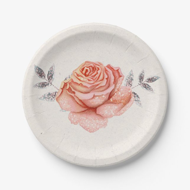 Peach Fairy Tale Glitzer Rose Blätter Brautparty Pappteller (Vorderseite)