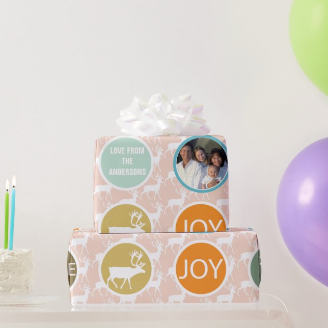 Peach Family Foto Reindeer Christmas Merry Bright Geschenkpapier (Partygeschenke)