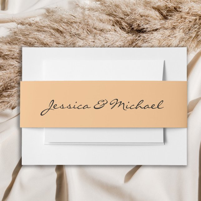 Peach farbige moderne Skriptauftritte Hochzeitsnam Einladungsbanderole (Peach wedding belly band)