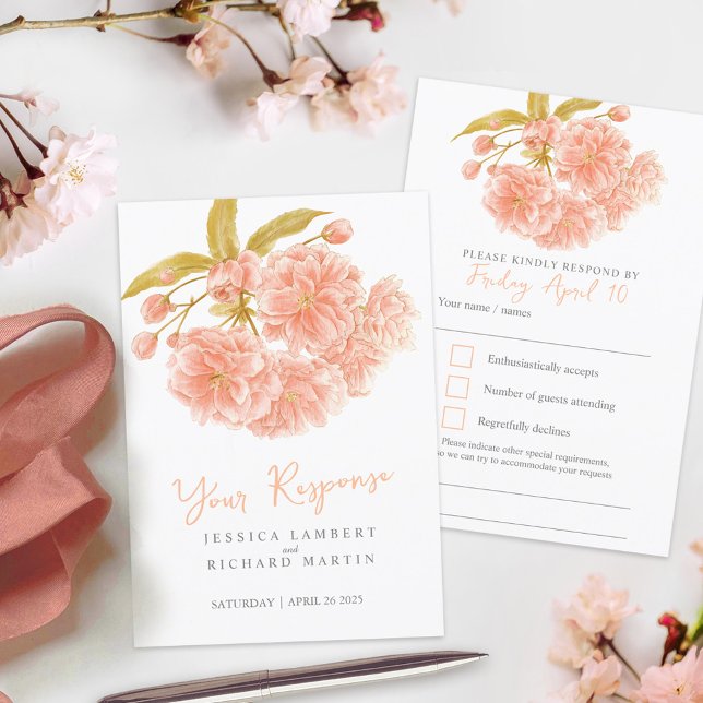 Peach federbloral Aquarell Hochzeit RSVP Karte (Von Creator hochgeladen)