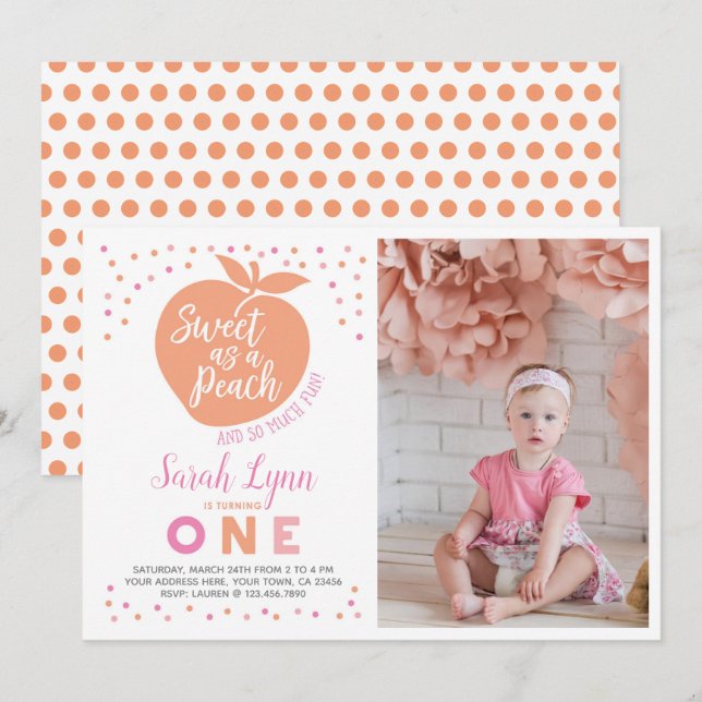 Peach First Birthday Einladung mit Foto (Vorne/Hinten)