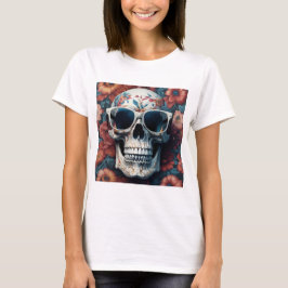 Peach Floral 3D Dead Skull mit Sonnenbrille T-Shirt