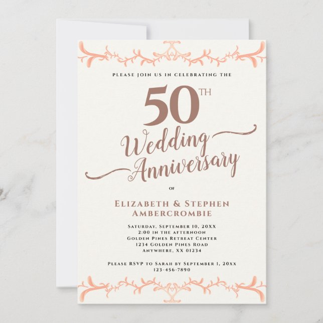 Peach Floral 50. Hochzeitstag Einladung (Vorderseite)