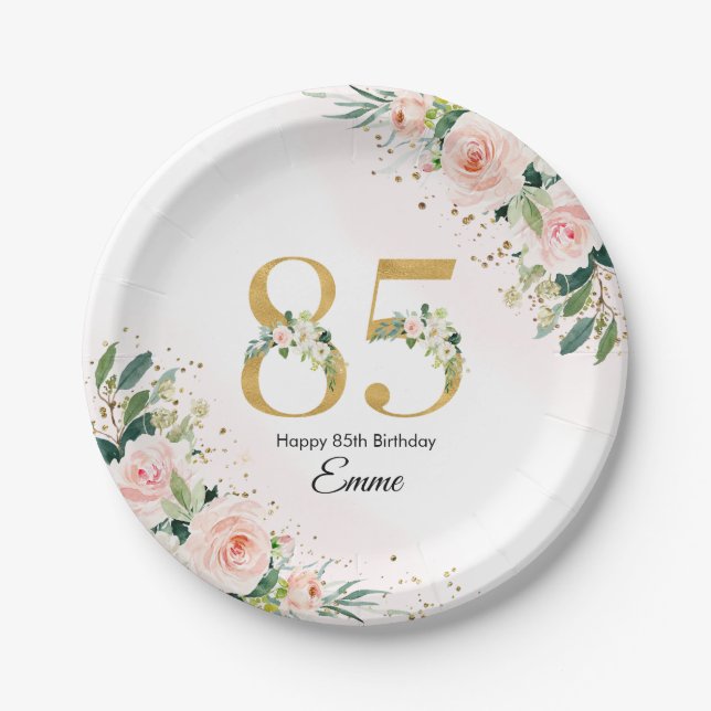 Peach Floral 85. Geburtstag Paper-Teller Pappteller (Vorderseite)