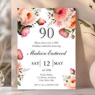 Peach Floral 90. Geburtstag Einladung