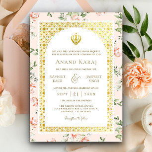 Peach Floral Anand Karaj Punjabi Sikh Wedding Einladung