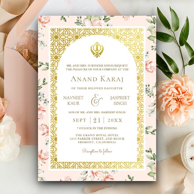 Peach Floral Anand Karaj Punjabi Sikh Wedding Einladung (Von Creator hochgeladen)