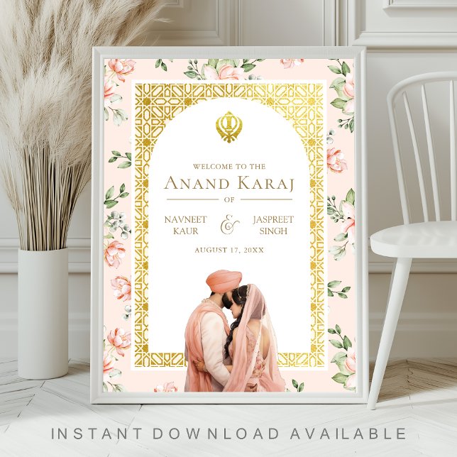 Peach Floral Anand Karaj Sikh Wedding Welcome Sign Poster (Von Creator hochgeladen)