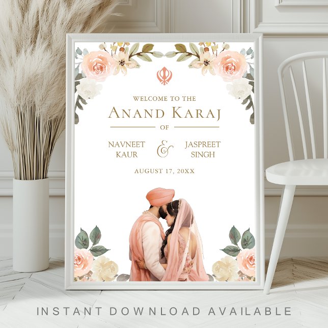 Peach Floral Anand Karaj Sikh Wedding Welcome Sign Poster (Von Creator hochgeladen)