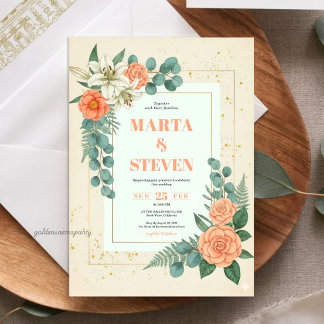 Peach Floral and Eucalyptus Greenery Wedding Einladung