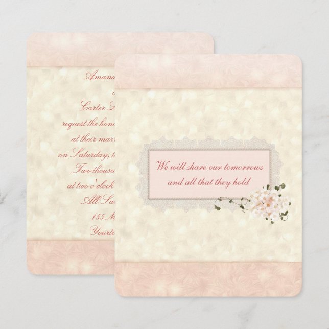 Peach Floral and Lace Wedding Einladung (Vorne/Hinten)