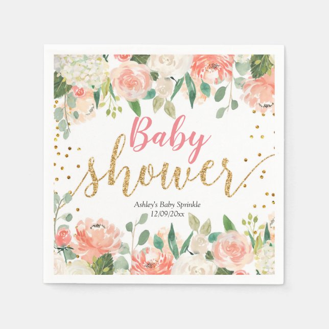 Peach Floral Baby Shooting Paper Party Napkin Serviette (Vorderseite)
