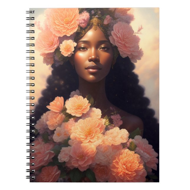 Peach Floral Black Woman Angelic Bloomcore Notizblock (Vorderseite)