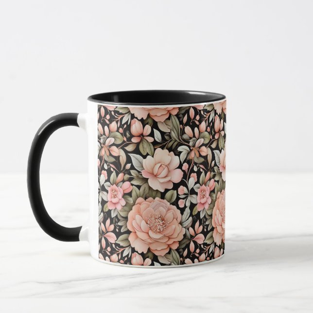 Peach Floral Blume Aquarellgrün Blätter Tasse (Links)