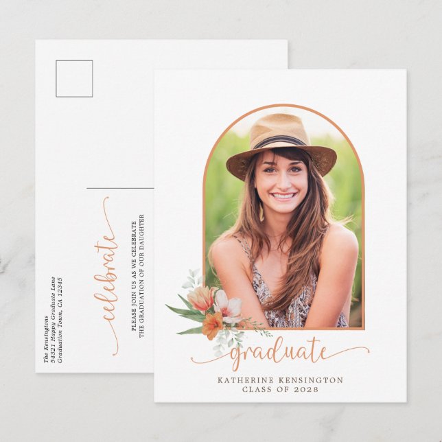 Peach Floral Boho Arch Foto Graduation Party Ankündigungspostkarte (Vorne/Hinten)