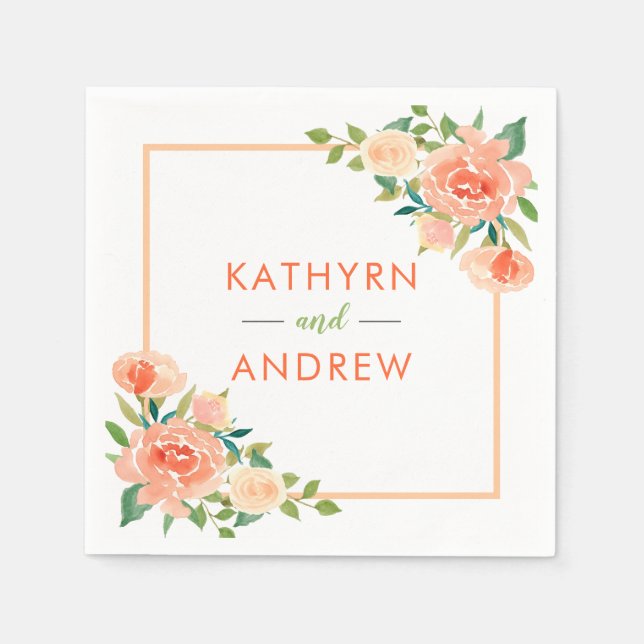 Peach floral Border | Hochzeit Serviette (Vorderseite)