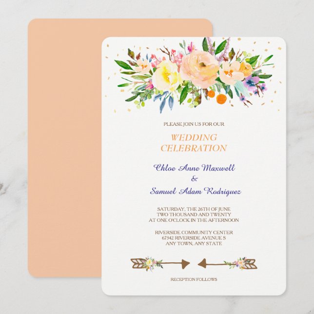 Peach Floral Bouquet Hochzeitseinladung Einladung (Vorne/Hinten)