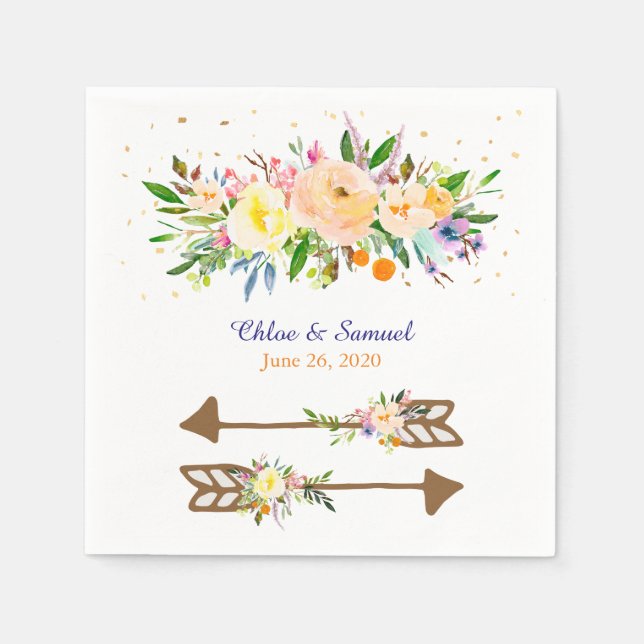 Peach Floral Bouquet Wedding Serviette (Vorderseite)