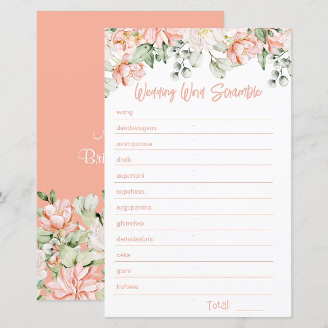 Peach Floral Brautparty Word Scramble Game Card (Vorne/Hinten)