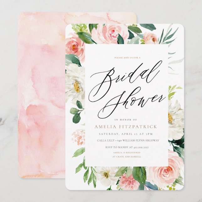 Peach Floral Bridal Dusche Einladung (Vorne/Hinten)