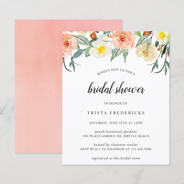 Peach Floral Budget Bridal Dusche Einladung (Vorne/Hinten)