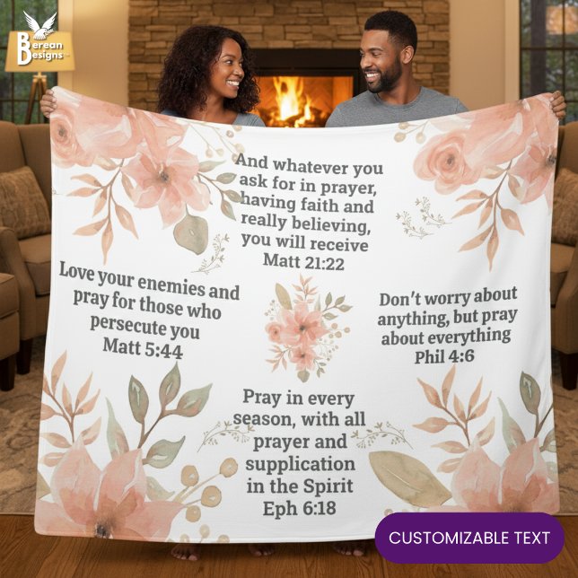 Peach Floral Christian PRAYER  Fleecedecke (Christian Scripture Floral Prayer Blanket with CUSTOMIZABLE TEXT to add your favorite Bible verses)