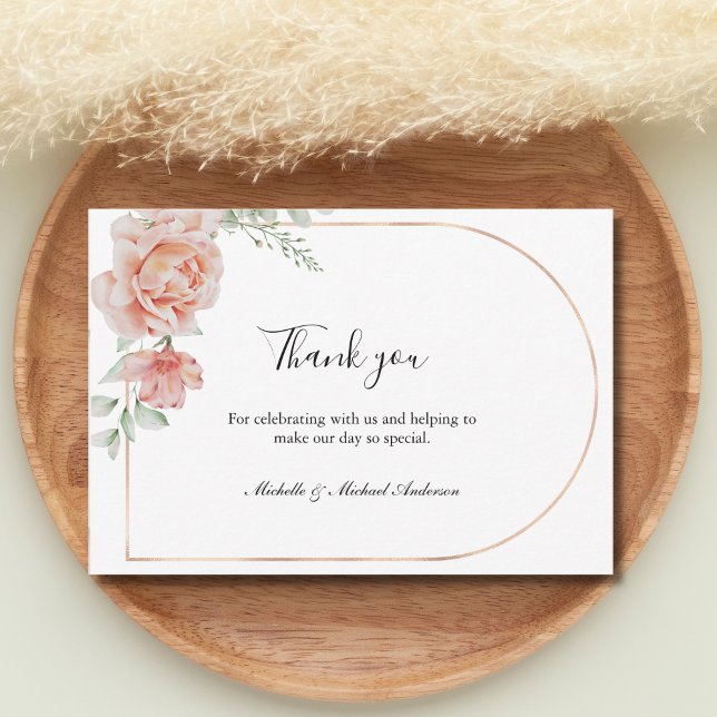 Peach Floral Classic Formal Wedding Vielen Dank Mitteilungskarte (Watercolor Peach Floral Rose Gold Arch Wedding Thank you cards)