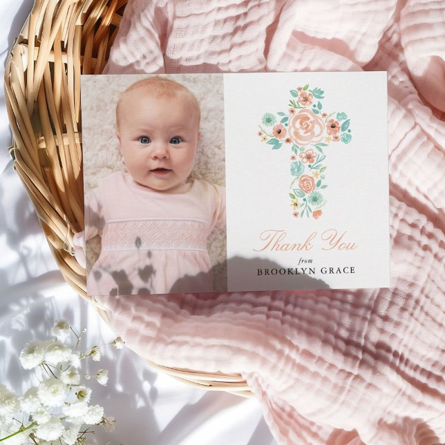 Peach Floral Cross Taufe / Christening Vielen Dank Postkarte (Von Creator hochgeladen)