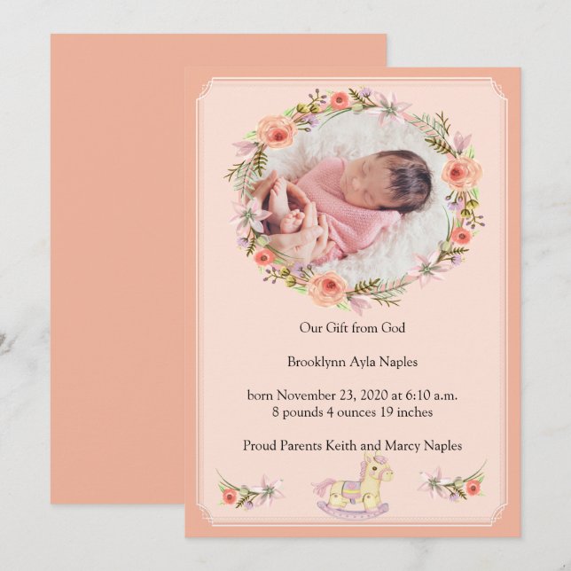 Peach Floral Design Geburtsankündigung Einladung (Vorne/Hinten)