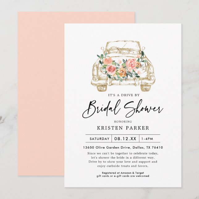 Peach Floral Drive by Bridal Dusche Einladung (Vorne/Hinten)