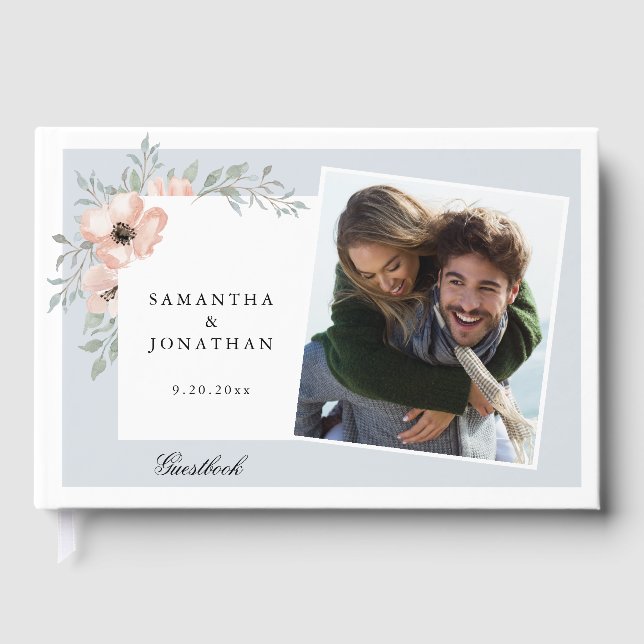 Peach floral Dusty Blue 2 Fotos Hochzeit Gästebuch (Vorderseite)