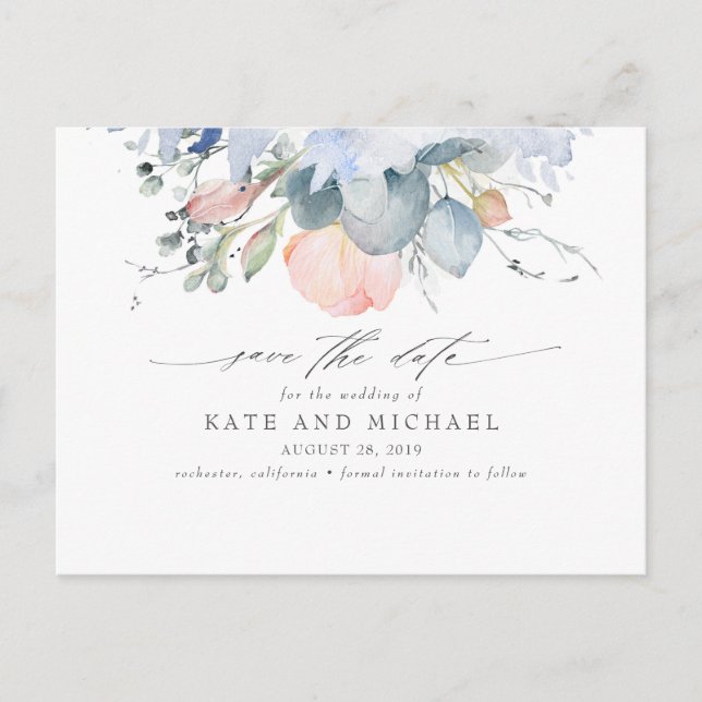 Peach Floral Dusty Blue Boho Save the Date Postkarte (Vorderseite)