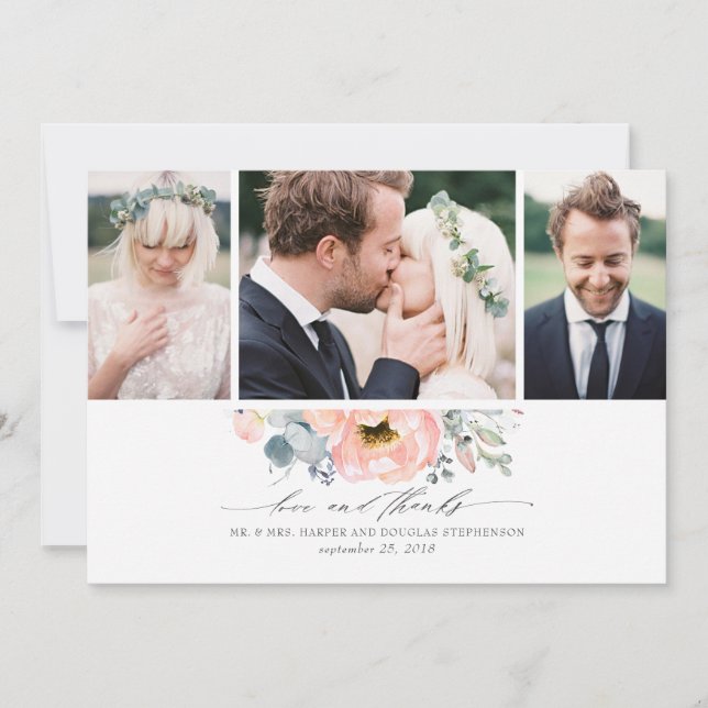 Peach floral Dusty Blue Wedding 3 Fotos Dankeskarte (Vorderseite)