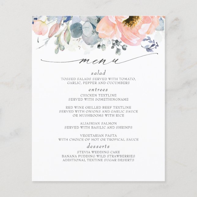 Peach Floral Dusty Blue Wedding Menü (Vorne)