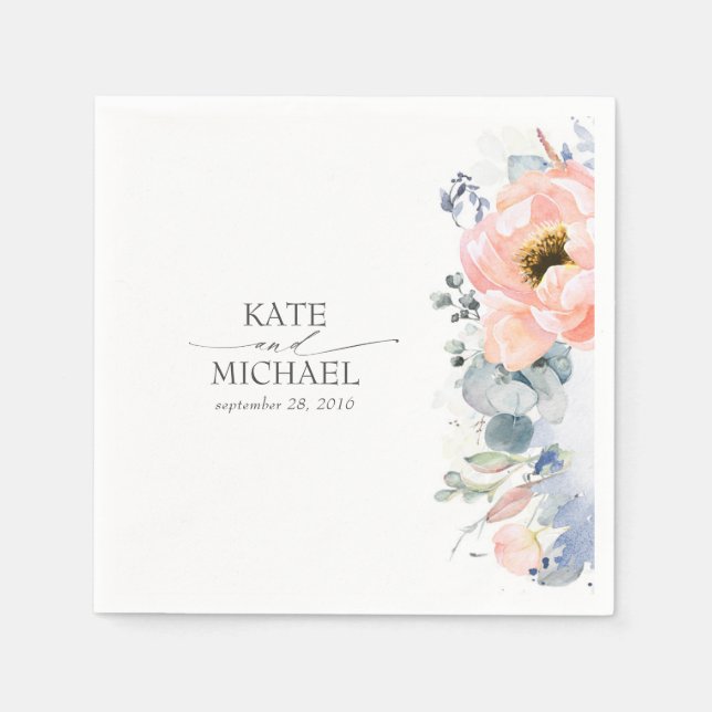 Peach Floral Dusty Blue Wedding Serviette (Vorderseite)