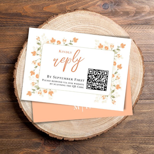 Peach Floral Elegant Wedding UAWG RSVP Karte (Simple Wedding reply card with a peach floral background and QR code template.)