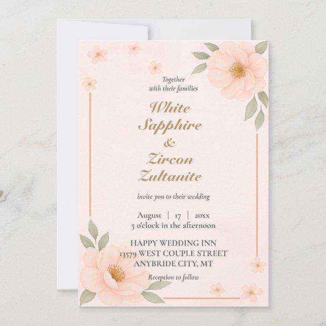 Peach floral Elegante Hochzeit Einladung (Vorderseite)