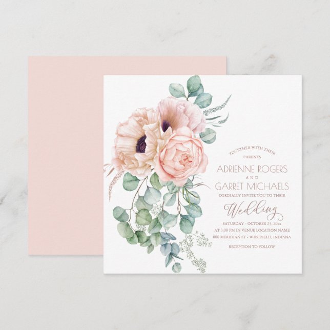 Peach Floral & Eukalyptus Greenerity Wedding Einladung (Vorne/Hinten)