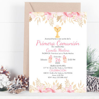 Peach Floral First Communation Elegantes Chalice Einladung